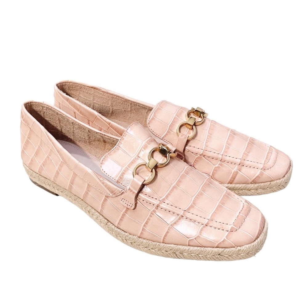 SCHUTZ Blush Croc-Embossed Loafers with Gold Chain